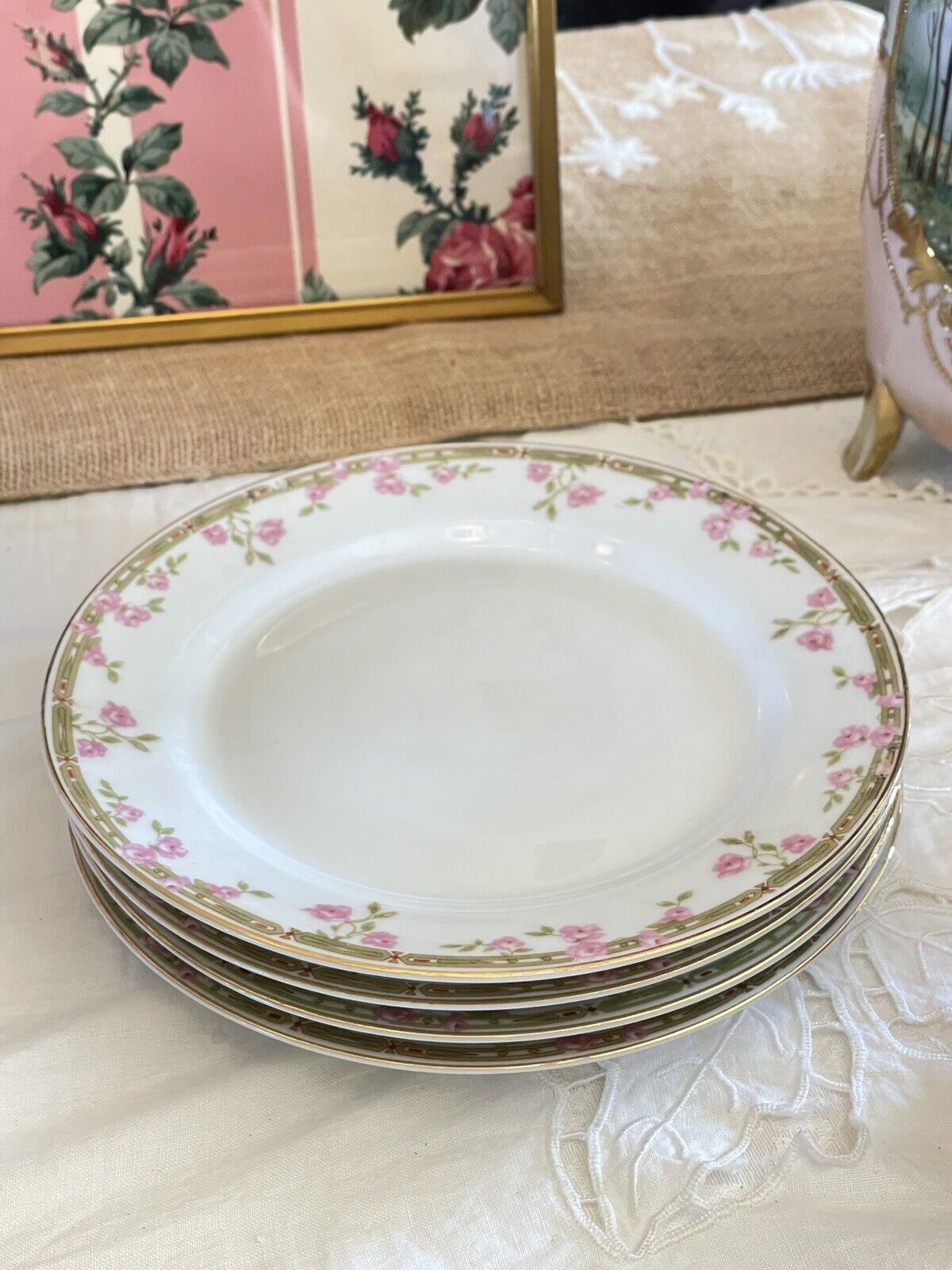 4 Pink Roses 7 7/8” Salad Plates Z Scherzer Porcelain Bavaria Germany VINTAGE