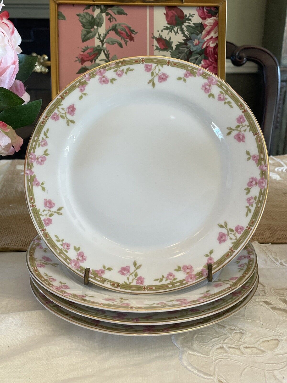 4 Pink Roses 7 7/8” Salad Plates Z Scherzer Porcelain Bavaria Germany VINTAGE