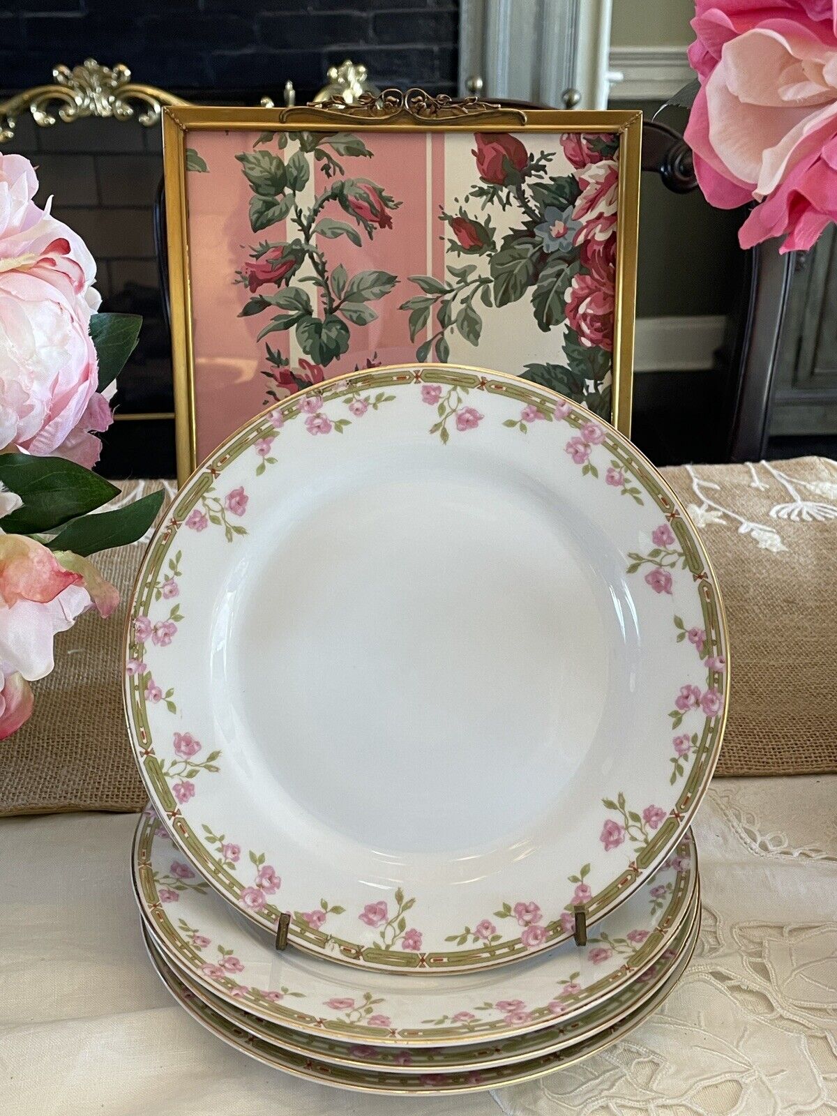 4 Pink Roses 7 7/8” Salad Plates Z Scherzer Porcelain Bavaria Germany VINTAGE