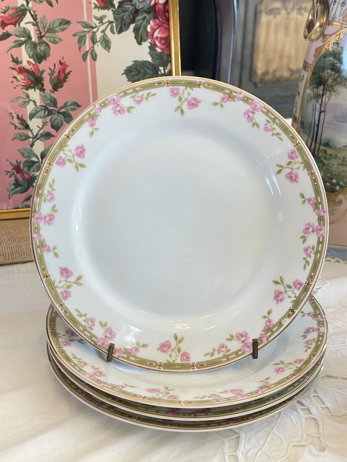 4 Pink Roses 7 7/8” Salad Plates Z Scherzer Porcelain Bavaria Germany VINTAGE