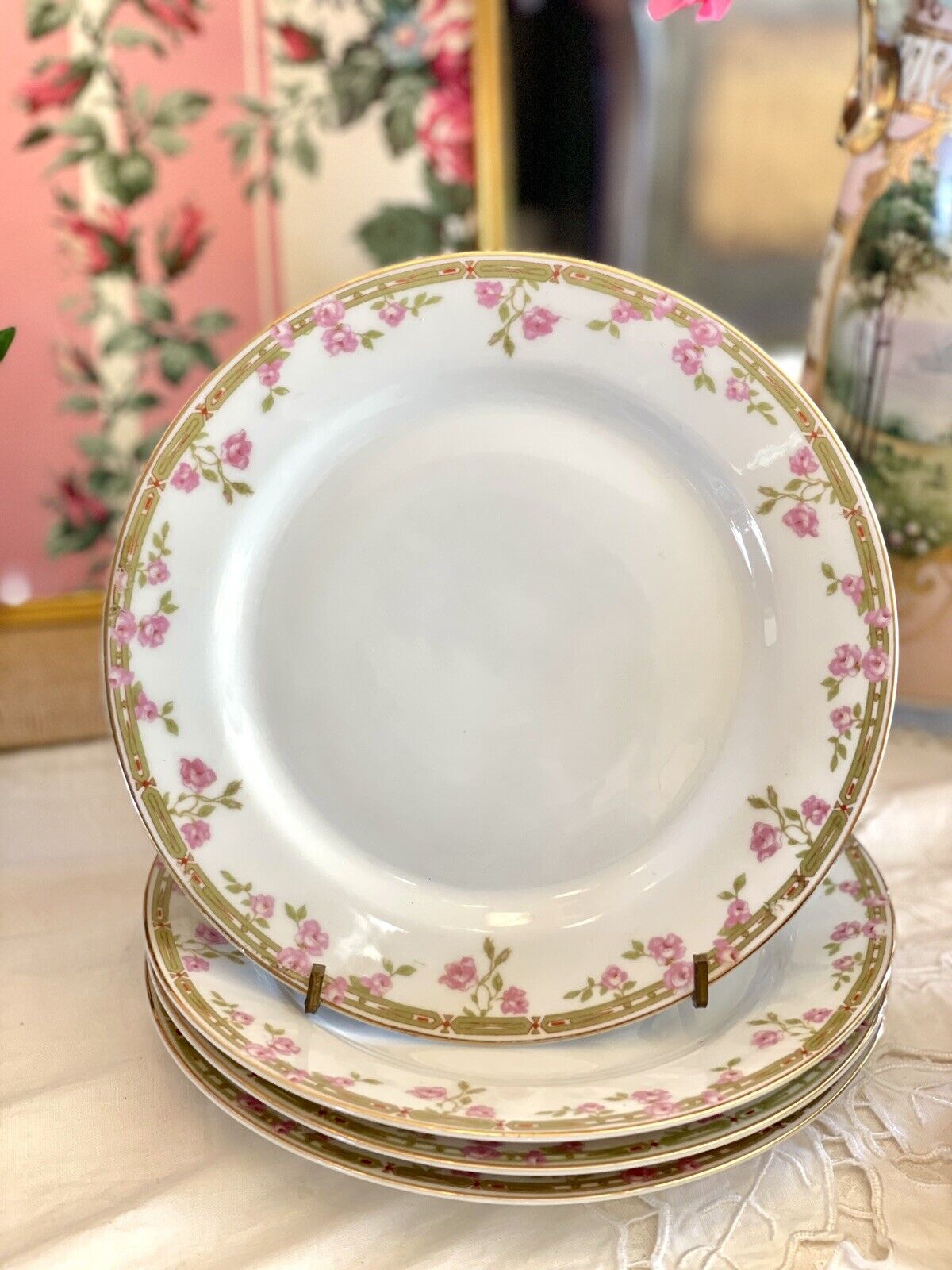 4 Pink Roses 7 7/8” Salad Plates Z Scherzer Porcelain Bavaria Germany VINTAGE