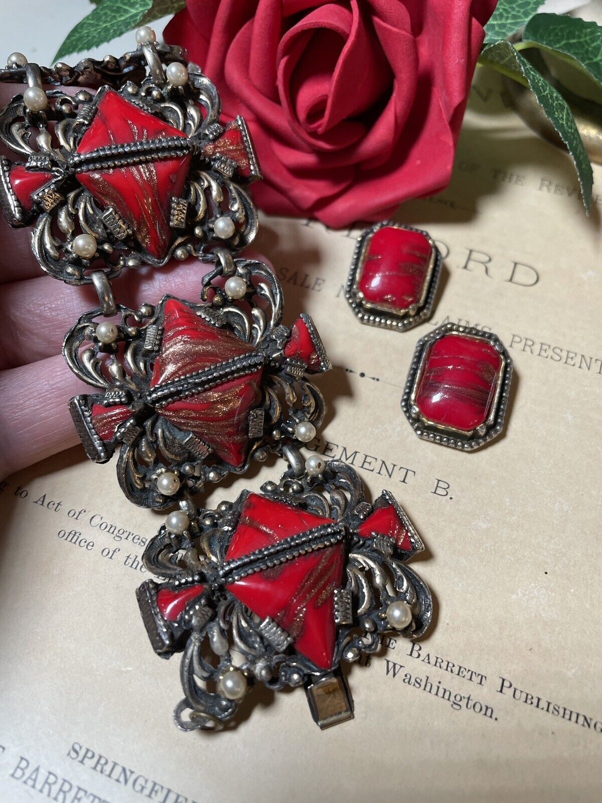 Vintage Selro Selini Style Bracelet Big Triangle Red Gold Glass & Earrings