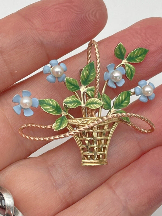 Brooch Gold Filled 1950 Vtg KREMENTZ Cultured PEARL & Enamel BASKET Blue Flower