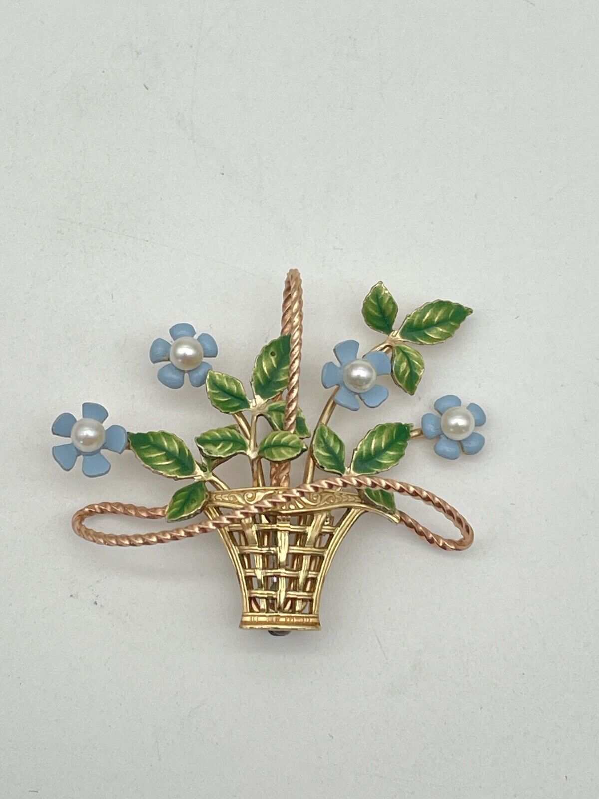 Brooch Gold Filled 1950 Vtg KREMENTZ Cultured PEARL & Enamel BASKET Blue Flower