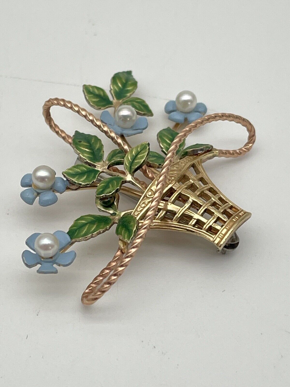 Brooch Gold Filled 1950 Vtg KREMENTZ Cultured PEARL & Enamel BASKET Blue Flower