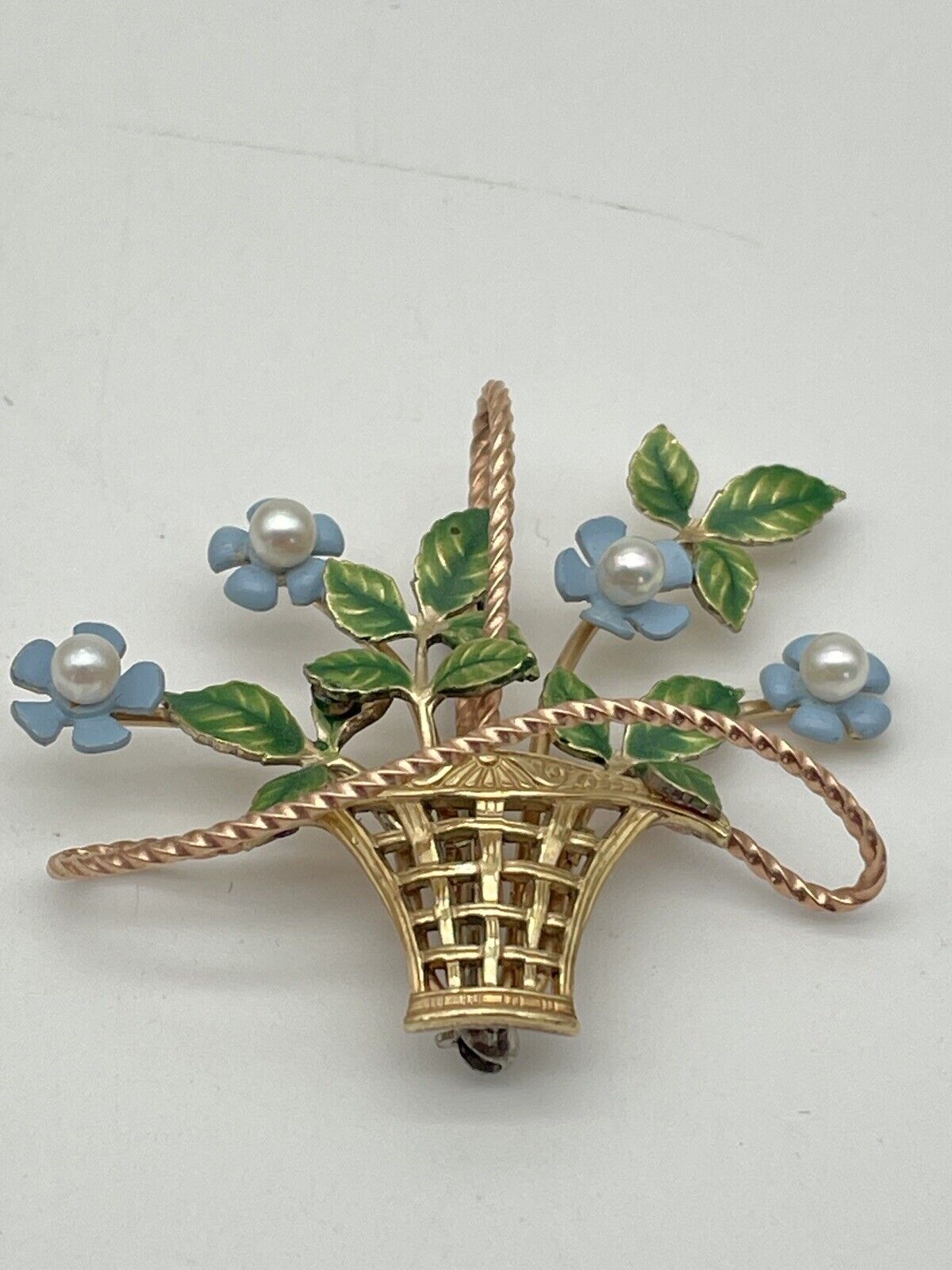 Brooch Gold Filled 1950 Vtg KREMENTZ Cultured PEARL & Enamel BASKET Blue Flower