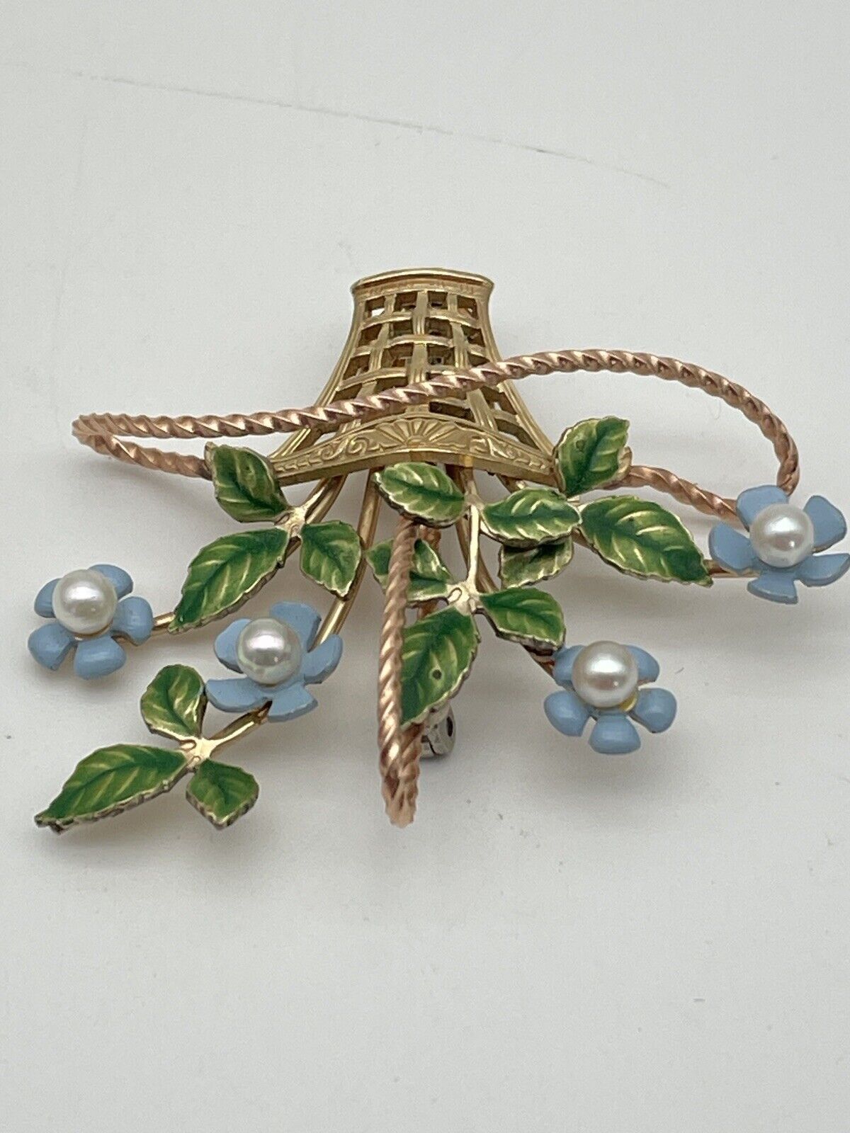 Brooch Gold Filled 1950 Vtg KREMENTZ Cultured PEARL & Enamel BASKET Blue Flower