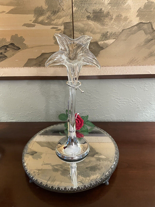 Epergne Art Glass Lily flower with Silver Display Stand 15" MINT