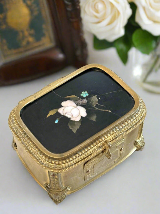 Pietra Dura Ormolu Jewelry Casket  ITALIAN Florence Gilt RARE FIND