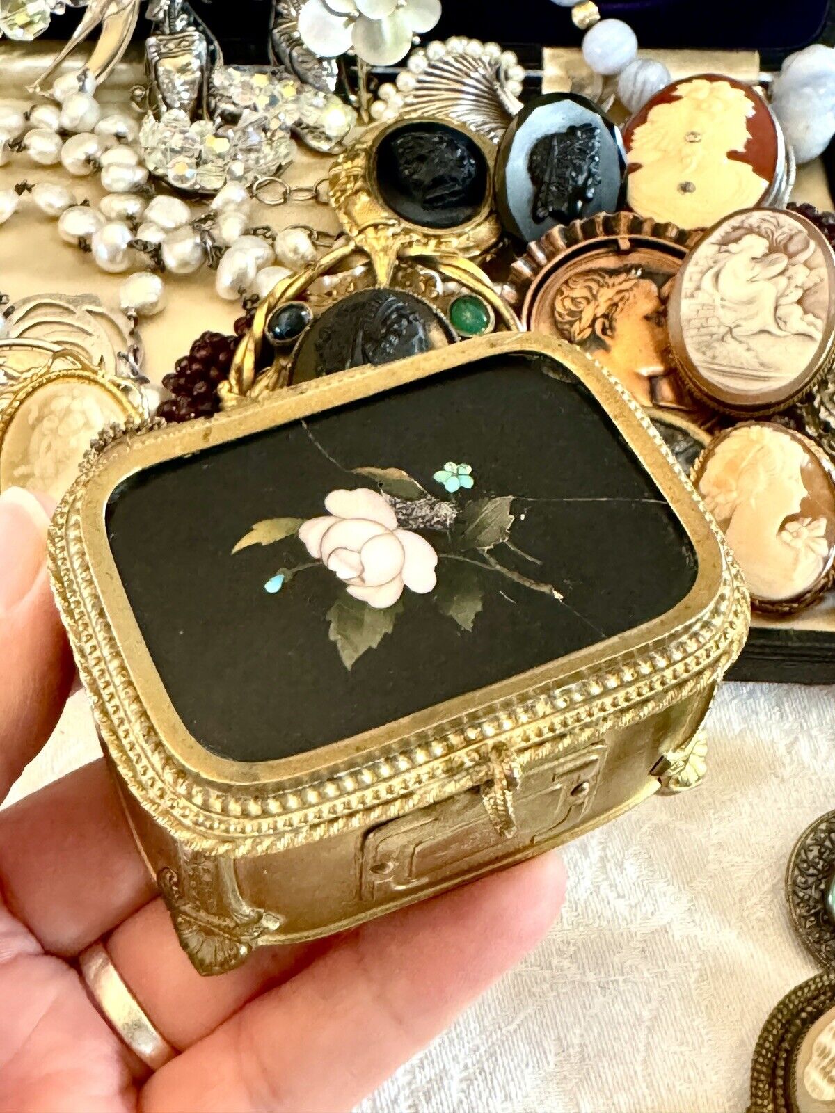 Pietra Dura Ormolu Jewelry Casket  ITALIAN Florence Gilt RARE FIND