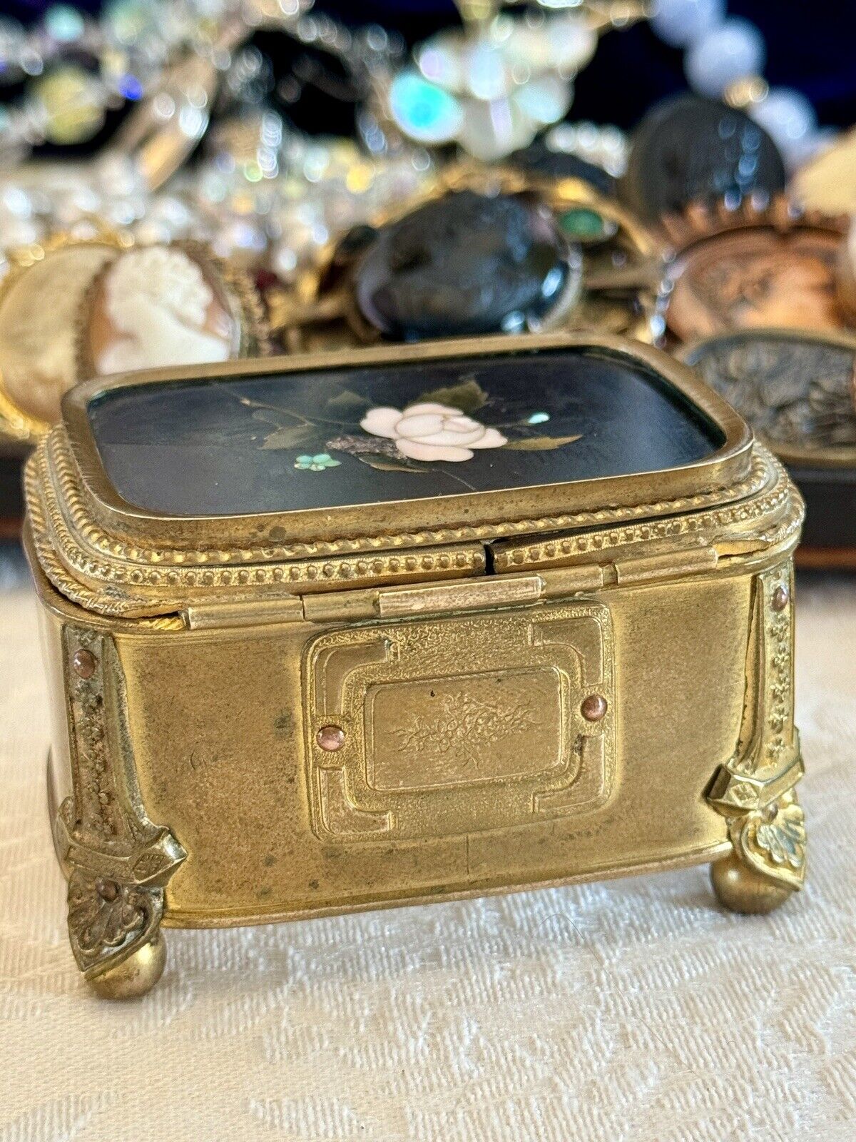 Pietra Dura Ormolu Jewelry Casket  ITALIAN Florence Gilt RARE FIND