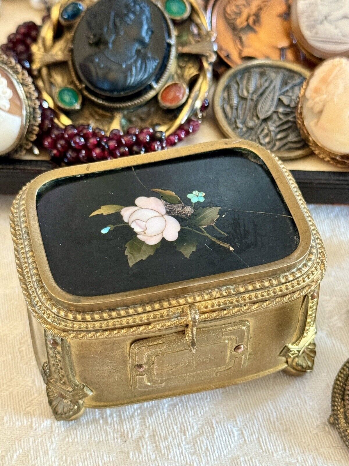 Pietra Dura Ormolu Jewelry Casket  ITALIAN Florence Gilt RARE FIND