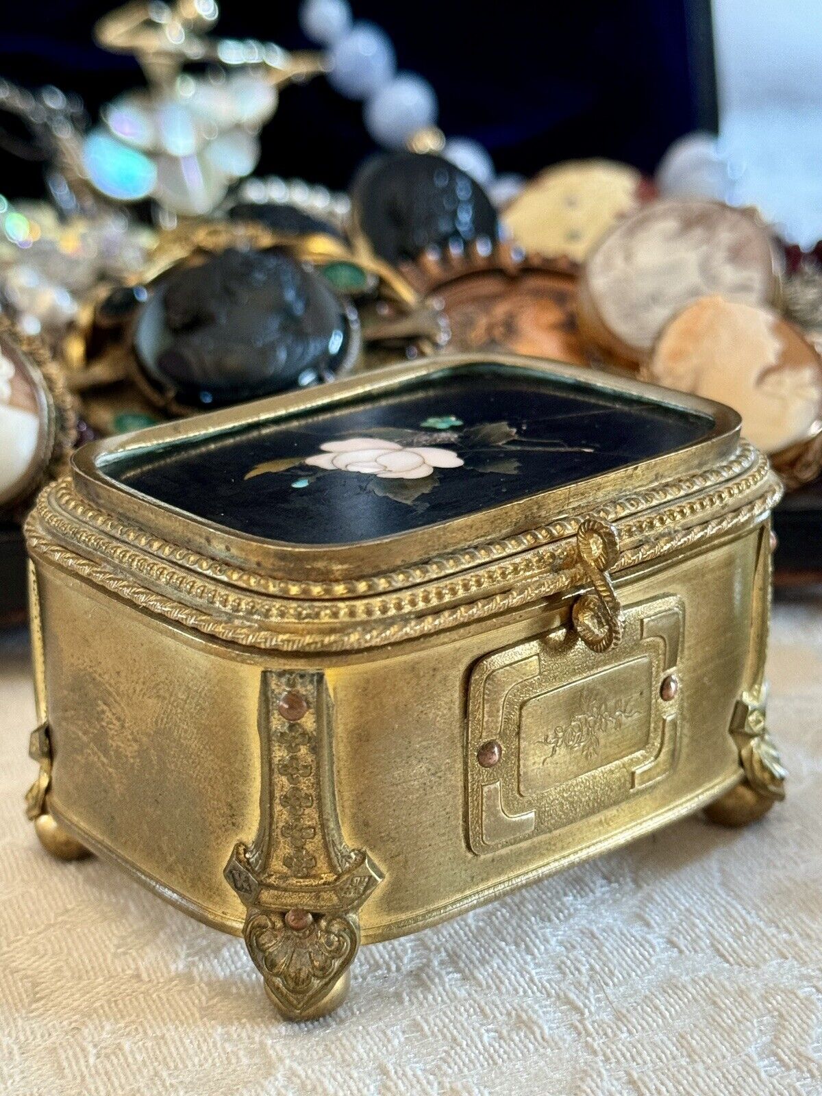 Pietra Dura Ormolu Jewelry Casket  ITALIAN Florence Gilt RARE FIND