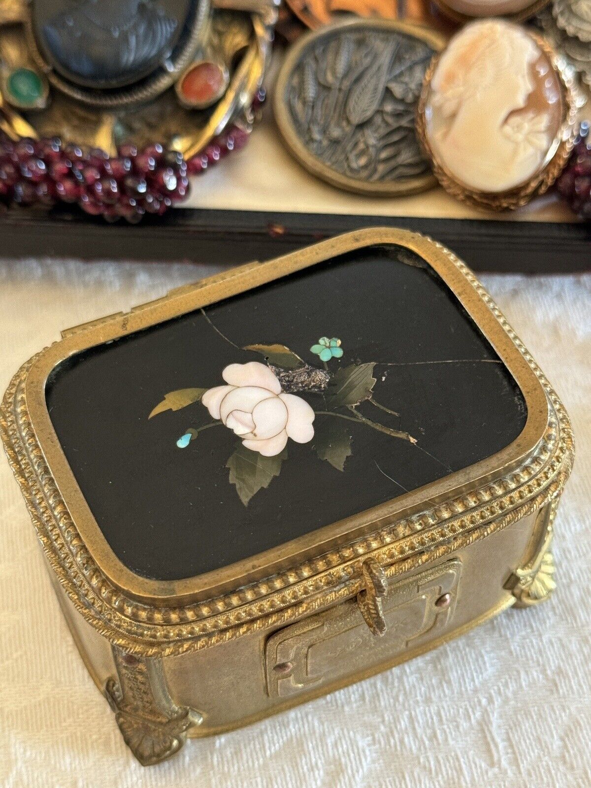 Pietra Dura Ormolu Jewelry Casket  ITALIAN Florence Gilt RARE FIND