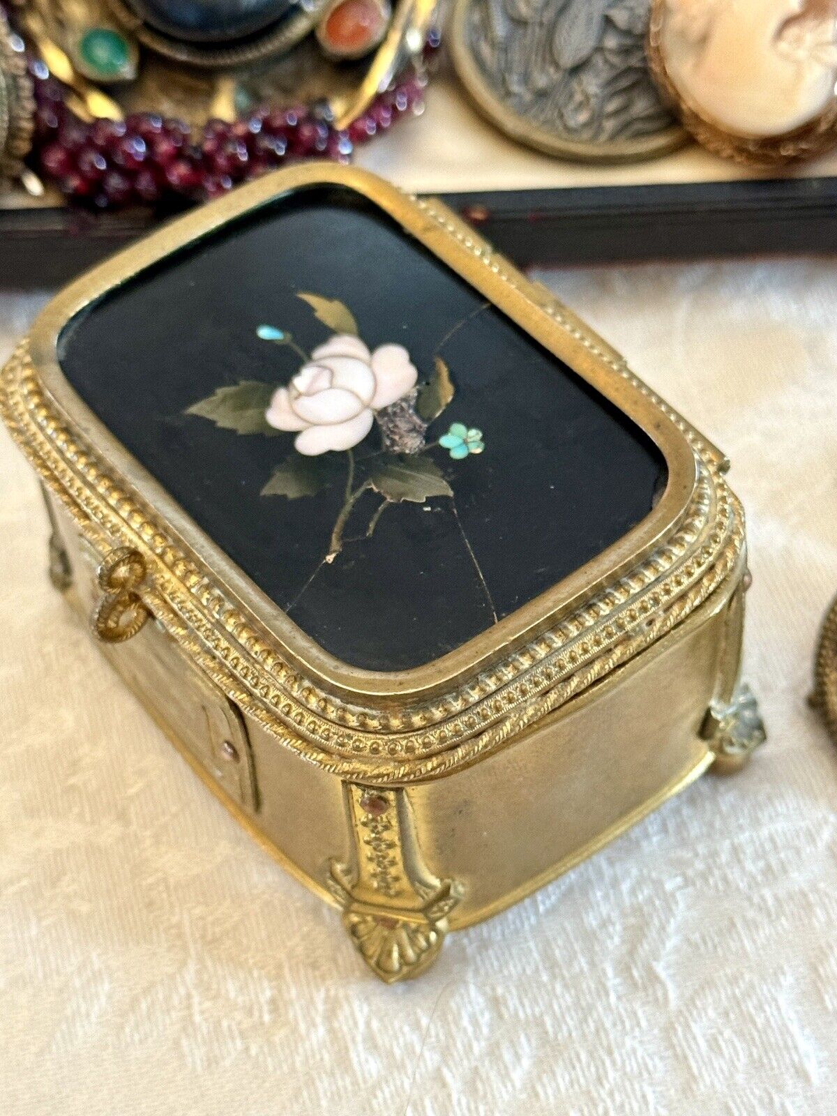 Pietra Dura Ormolu Jewelry Casket  ITALIAN Florence Gilt RARE FIND