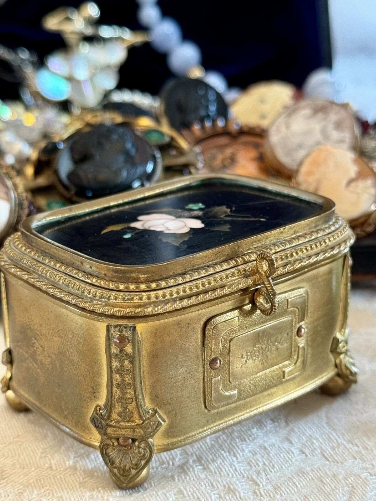 Pietra Dura Ormolu Jewelry Casket  ITALIAN Florence Gilt RARE FIND