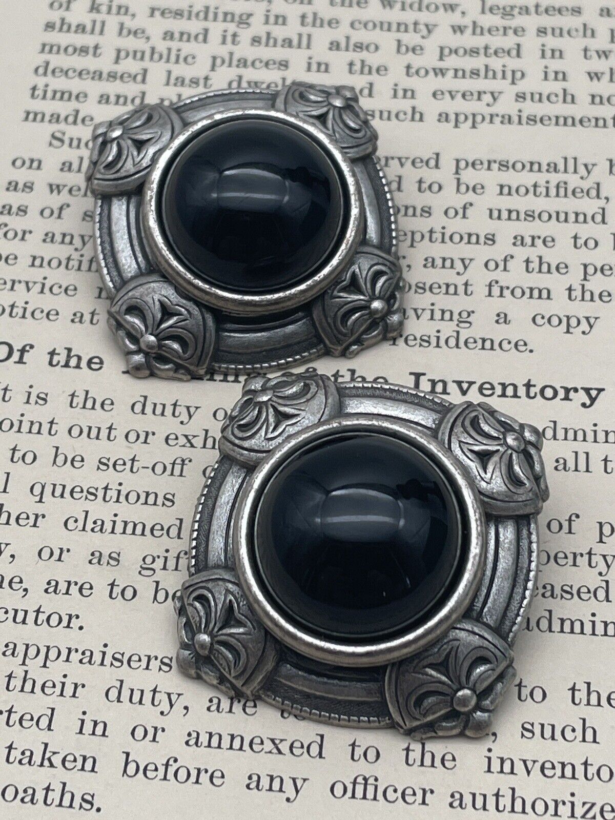 Vintage Earrings Black Stone Oversized Silver Tone Metal Clip-ons