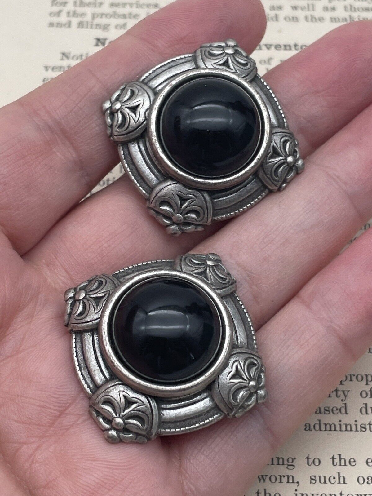 Vintage Earrings Black Stone Oversized Silver Tone Metal Clip-ons