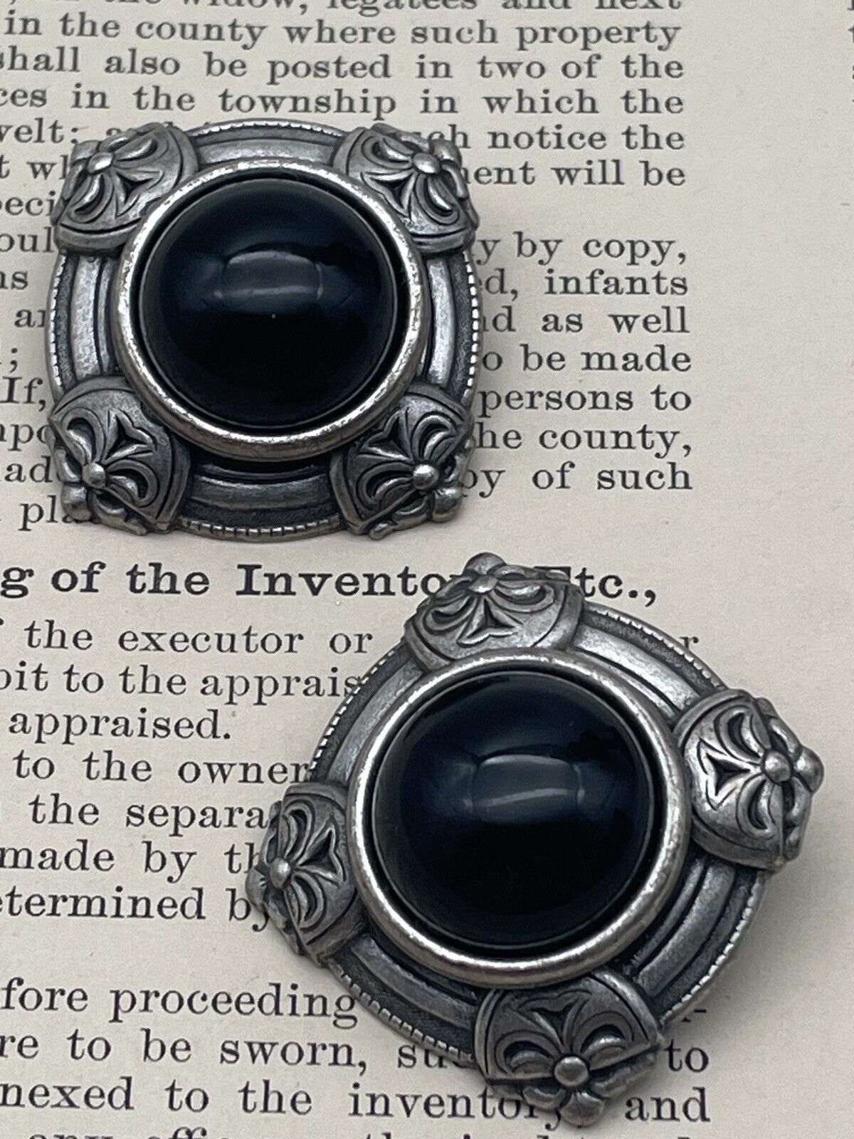 Vintage Earrings Black Stone Oversized Silver Tone Metal Clip-ons