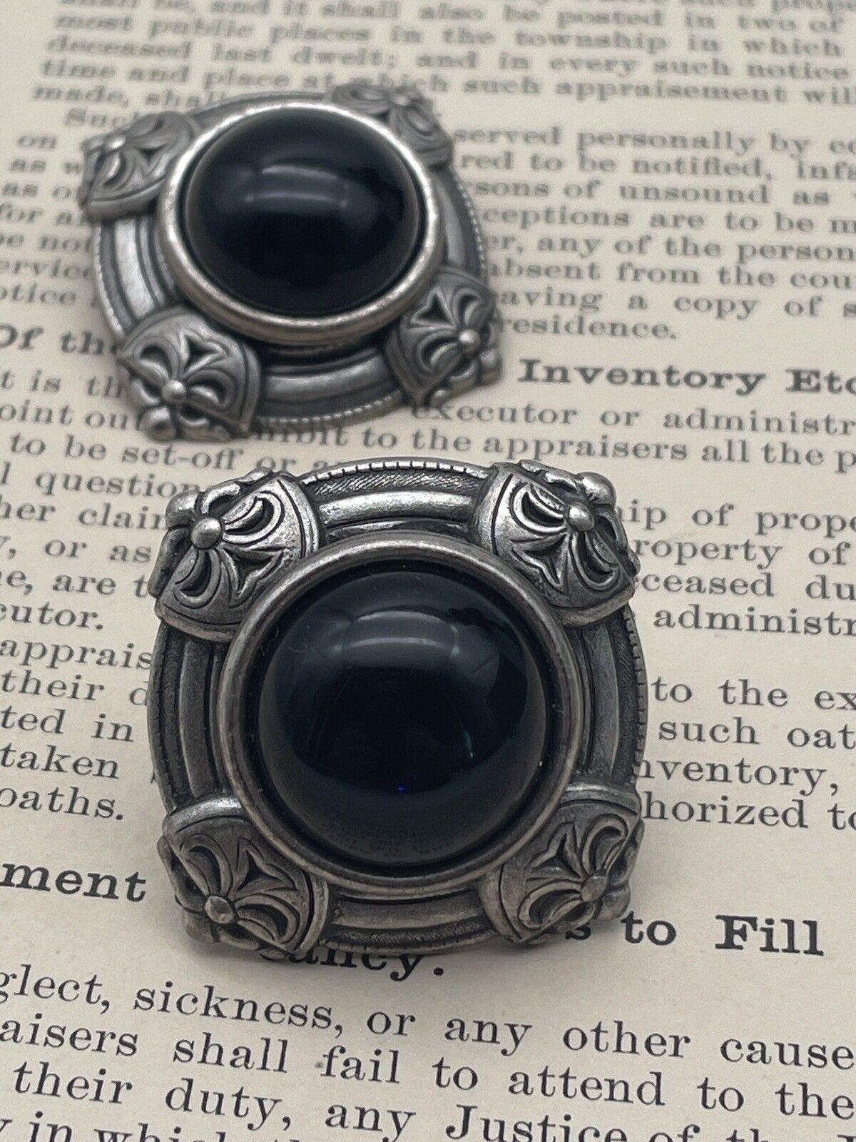 Vintage Earrings Black Stone Oversized Silver Tone Metal Clip-ons