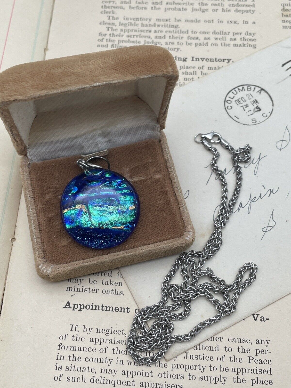 Blue Art Glass Pendant Dichroic & Sterling Silver Chain With Ca. 10” Closed