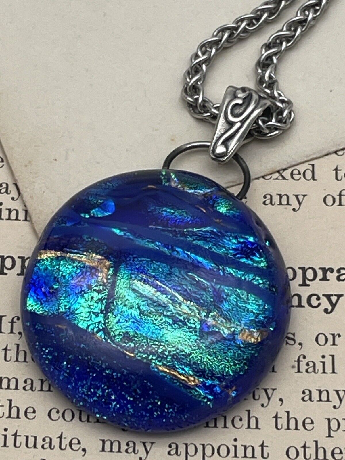 Blue Art Glass Pendant Dichroic & Sterling Silver Chain With Ca. 10” Closed