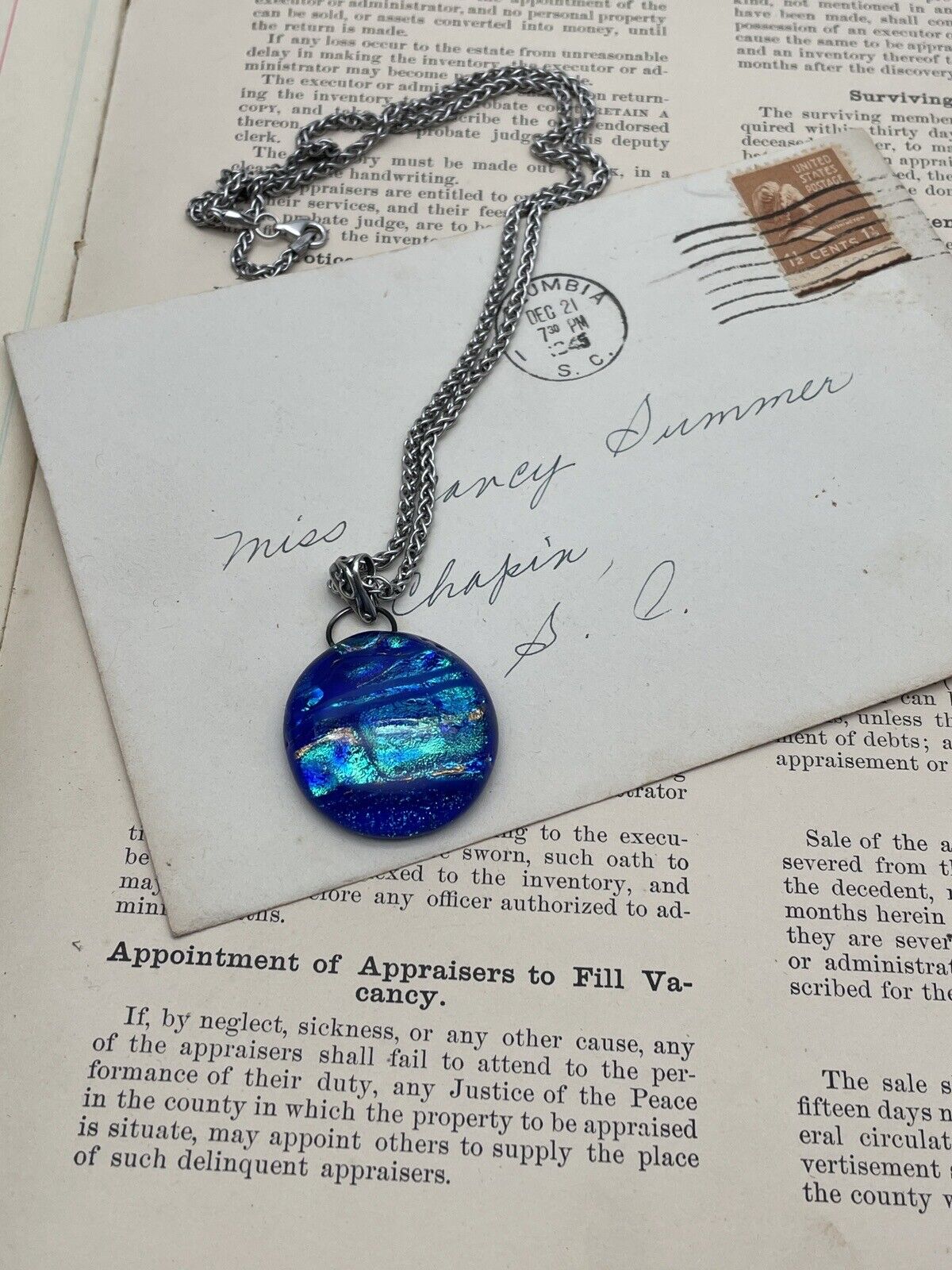 Blue Art Glass Pendant Dichroic & Sterling Silver Chain With Ca. 10” Closed