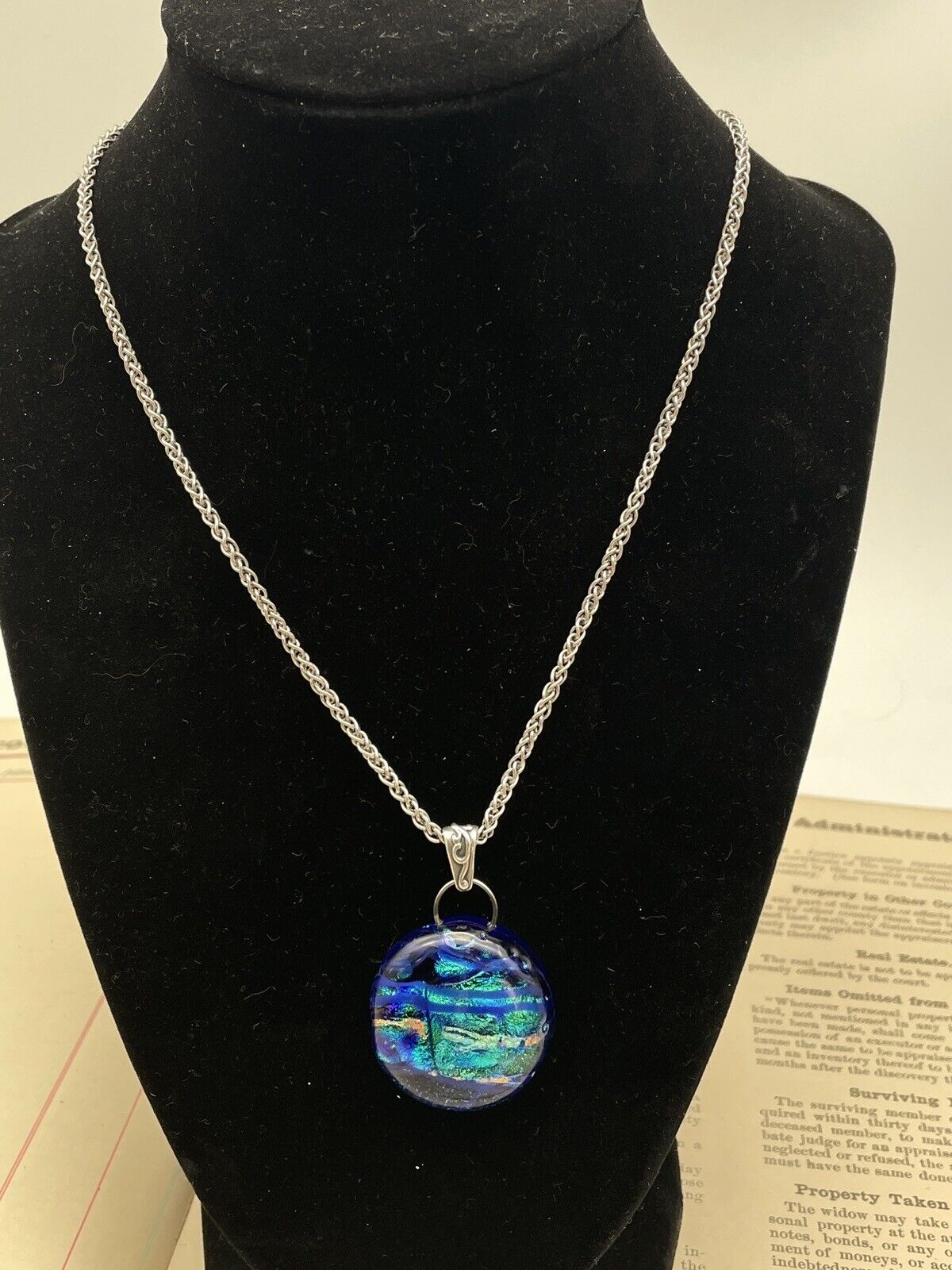 Blue Art Glass Pendant Dichroic & Sterling Silver Chain With Ca. 10” Closed