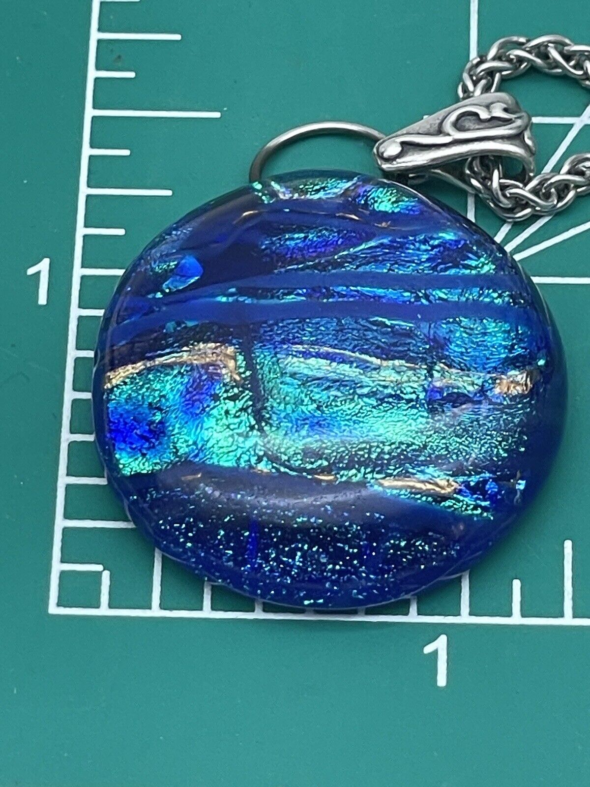 Blue Art Glass Pendant Dichroic & Sterling Silver Chain With Ca. 10” Closed