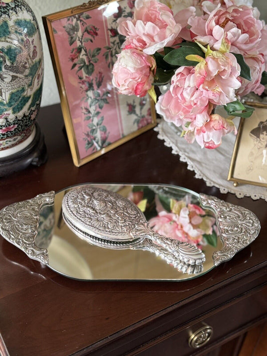 Vintage Silverplate Vanity Dressing Table Mirror Set Repoussé Floral Design