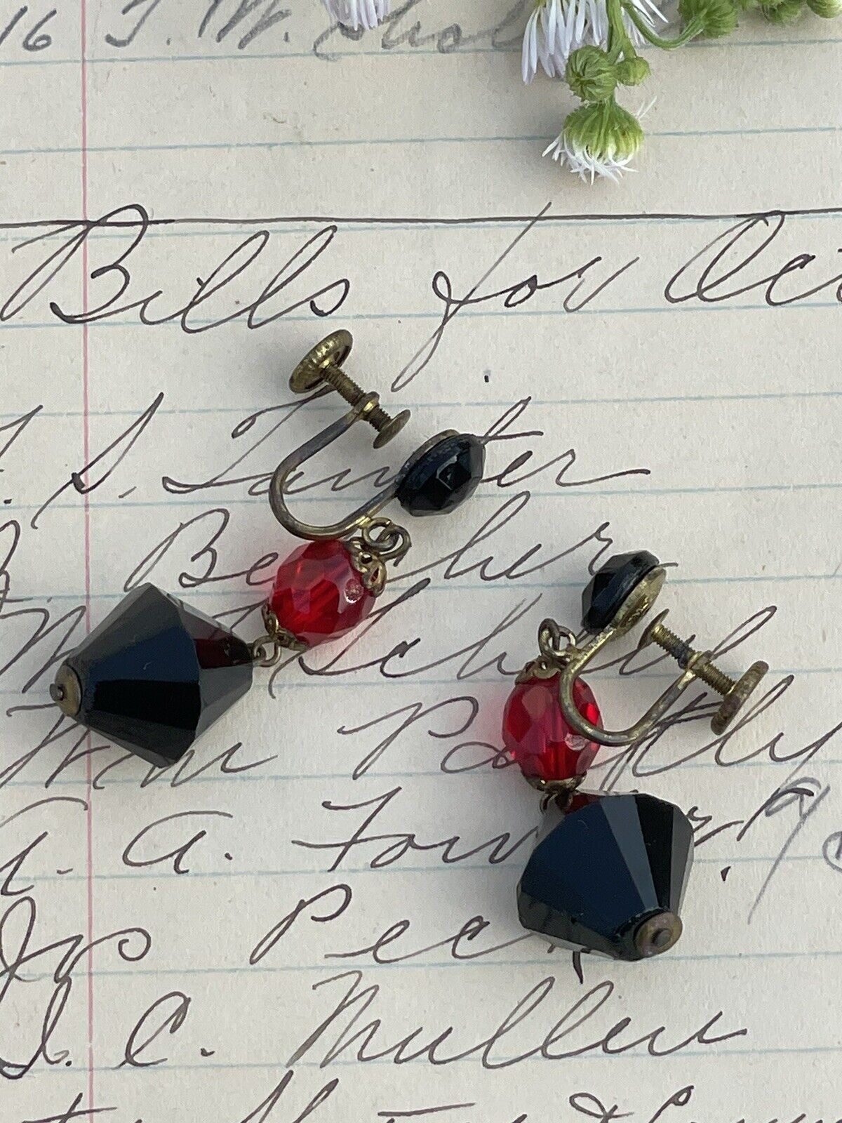 Vintage Black & Red Tear Drop Bead Earrings Screw Back West GERMANY