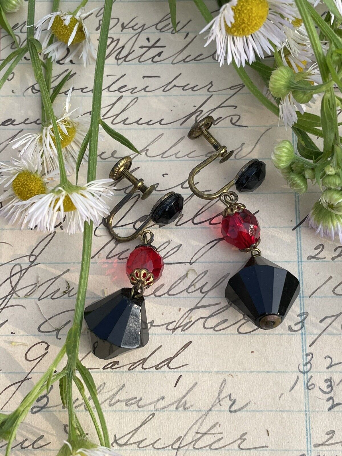 Vintage Black & Red Tear Drop Bead Earrings Screw Back West GERMANY