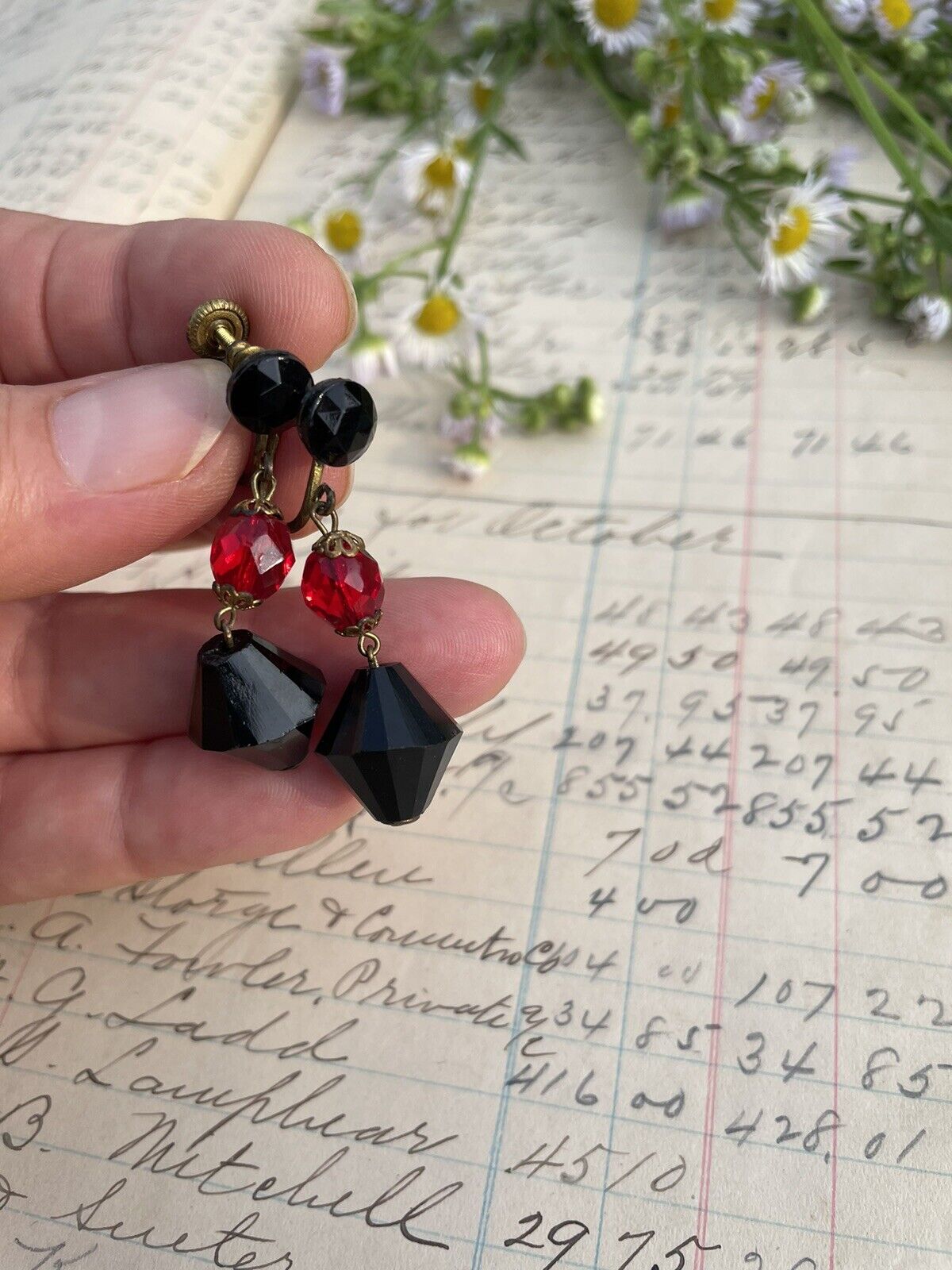 Vintage Black & Red Tear Drop Bead Earrings Screw Back West GERMANY