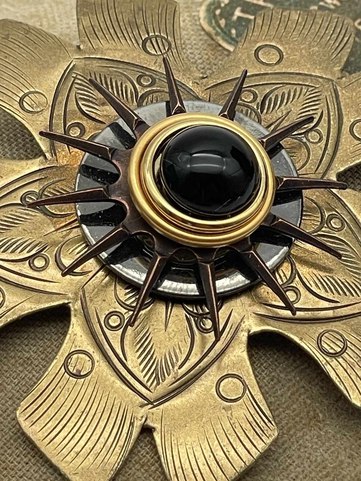 Vintage Metal Pinwheel Brooch Antique Style Brass & Copper Tone