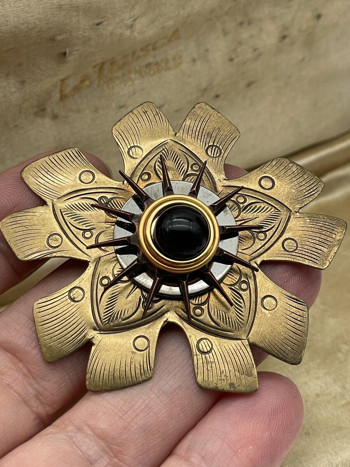 Vintage Metal Pinwheel Brooch Antique Style Brass & Copper Tone