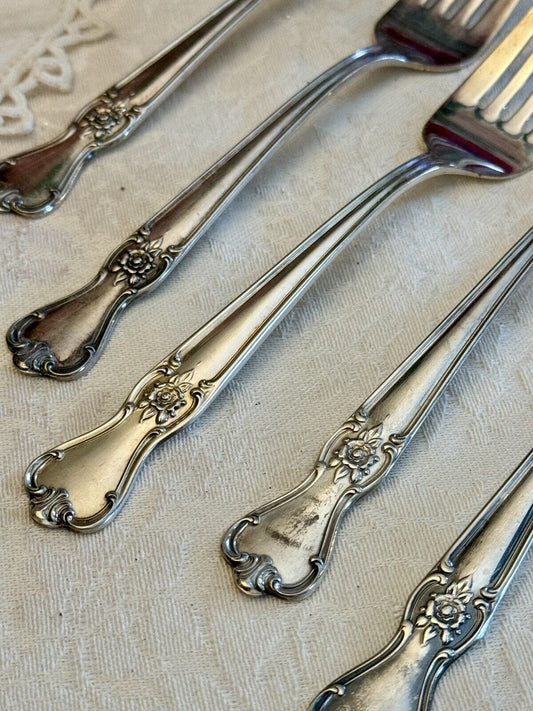 Set Of 5 Community Silver Plate Rose Pattern Forks 6.75”