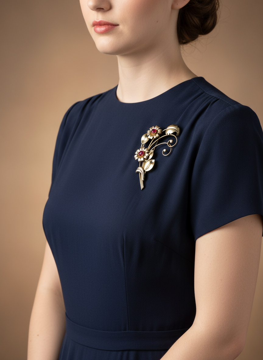 Vintage Harry Iskin 1/20 10K Gold Filled Red Flower Bouquet 3” Brooch Pin