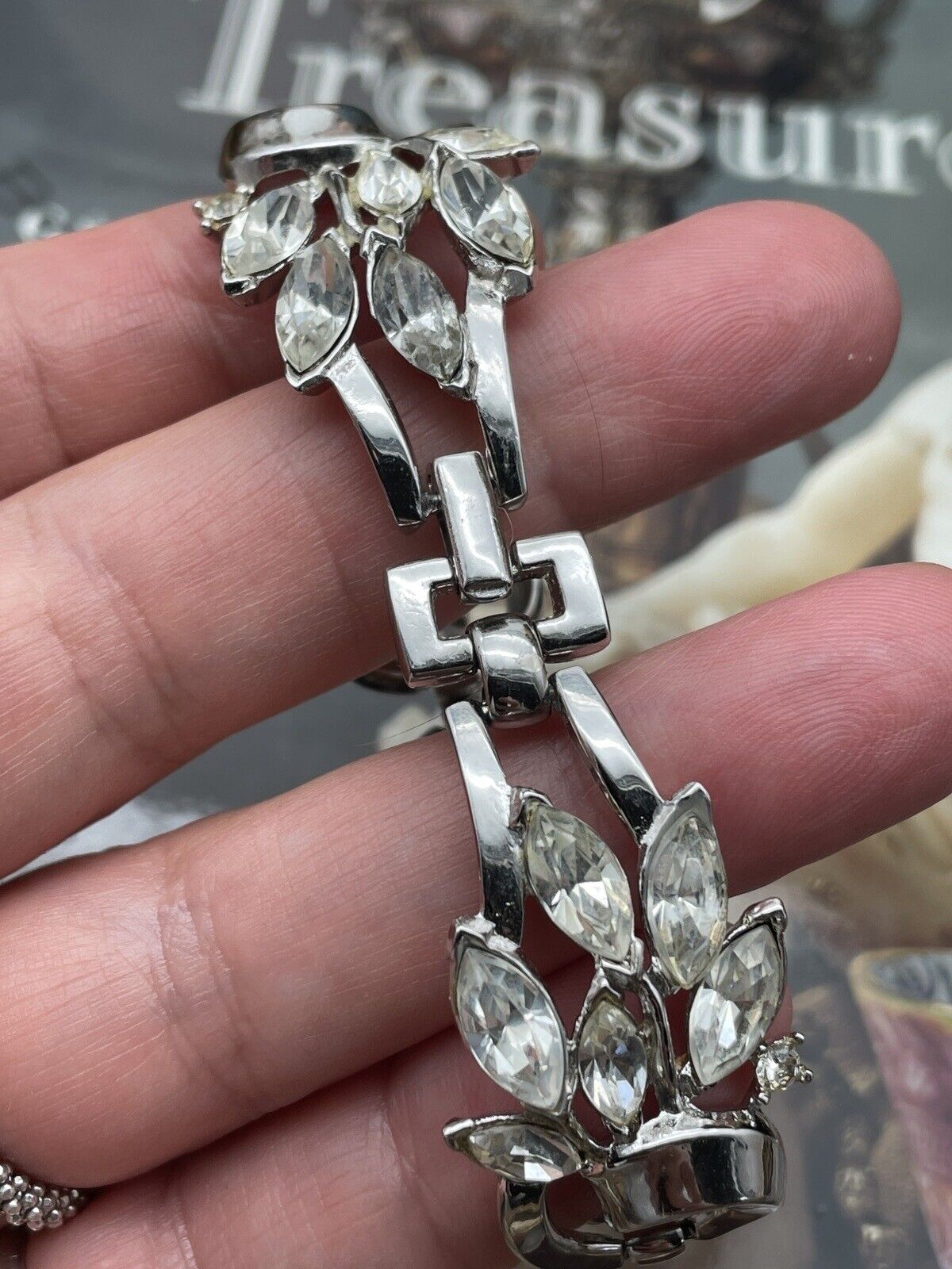 Vintage Crown Trifari Bracelet Links Silver Tone Clear Rhinestone SIGNED