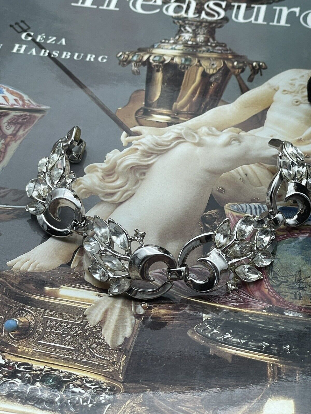 Vintage Crown Trifari Bracelet Links Silver Tone Clear Rhinestone SIGNED