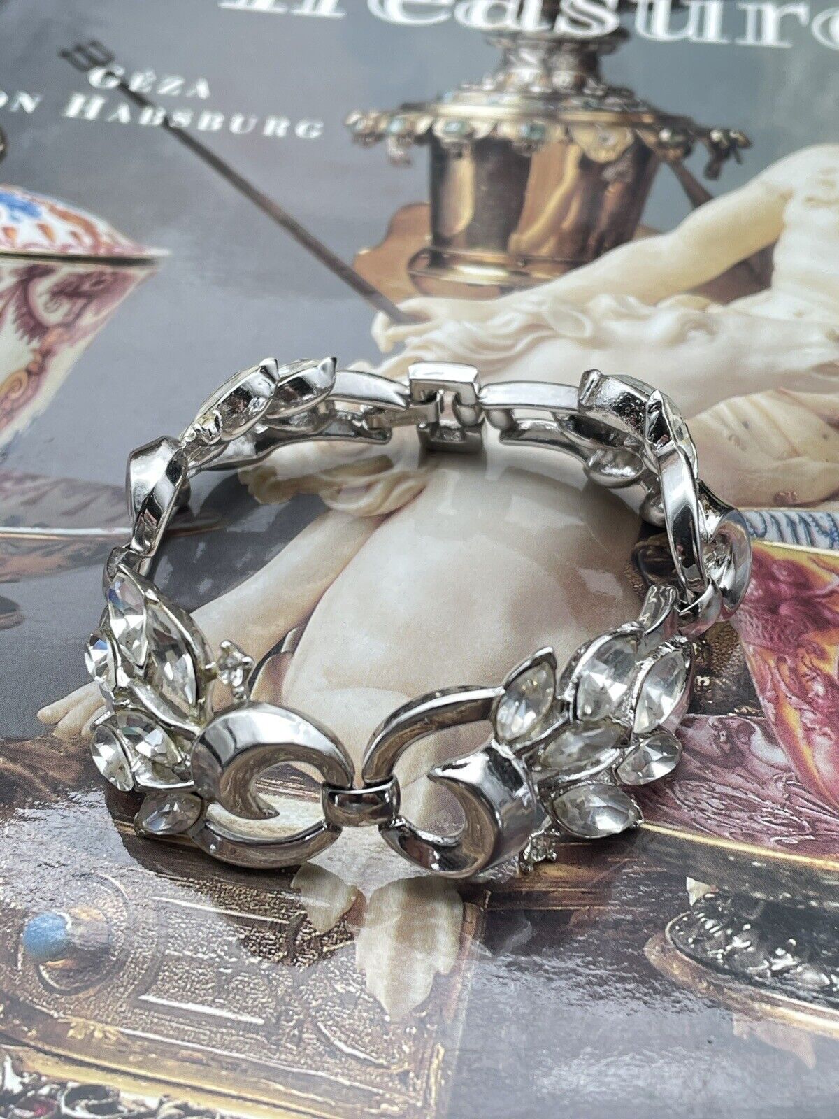 Vintage Crown Trifari Bracelet Links Silver Tone Clear Rhinestone SIGNED