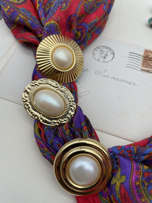 Vintage Scarf Clip Lot Gold Tone With Faux Pearls Set Of Three