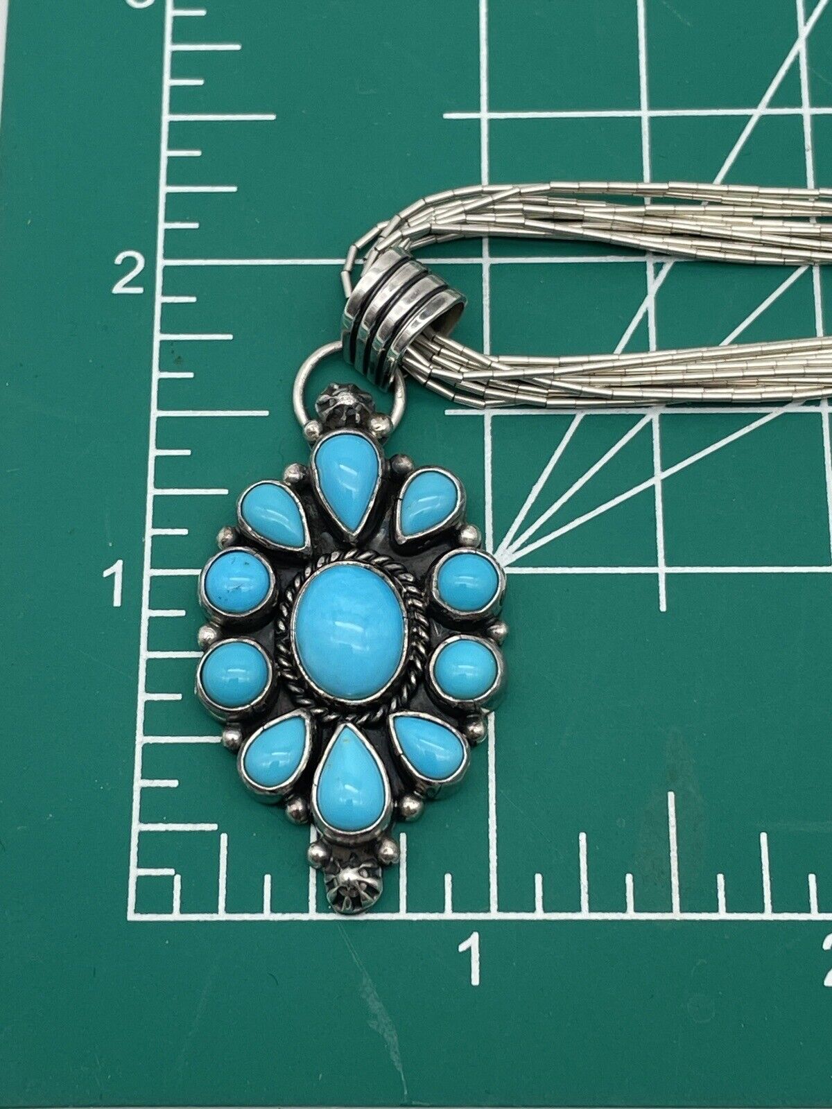 Signed LAROSE GANADONEGRO Turquoise Pendant Sterling With Waterfall Bead Chain