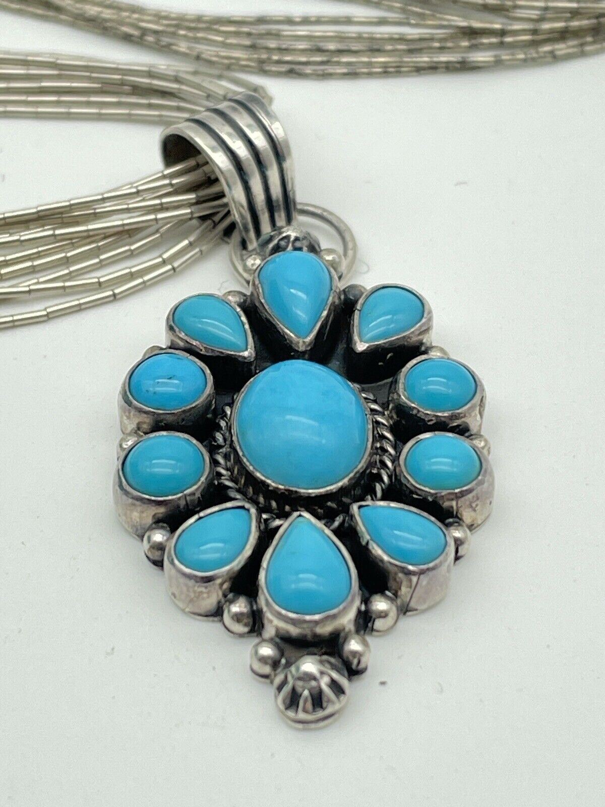 Signed LAROSE GANADONEGRO Turquoise Pendant Sterling With Waterfall Bead Chain