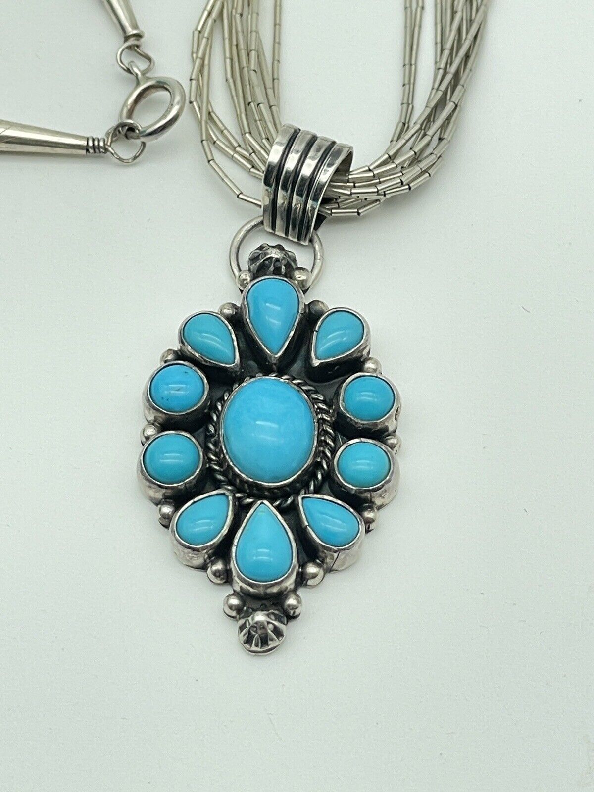 Signed LAROSE GANADONEGRO Turquoise Pendant Sterling With Waterfall Bead Chain