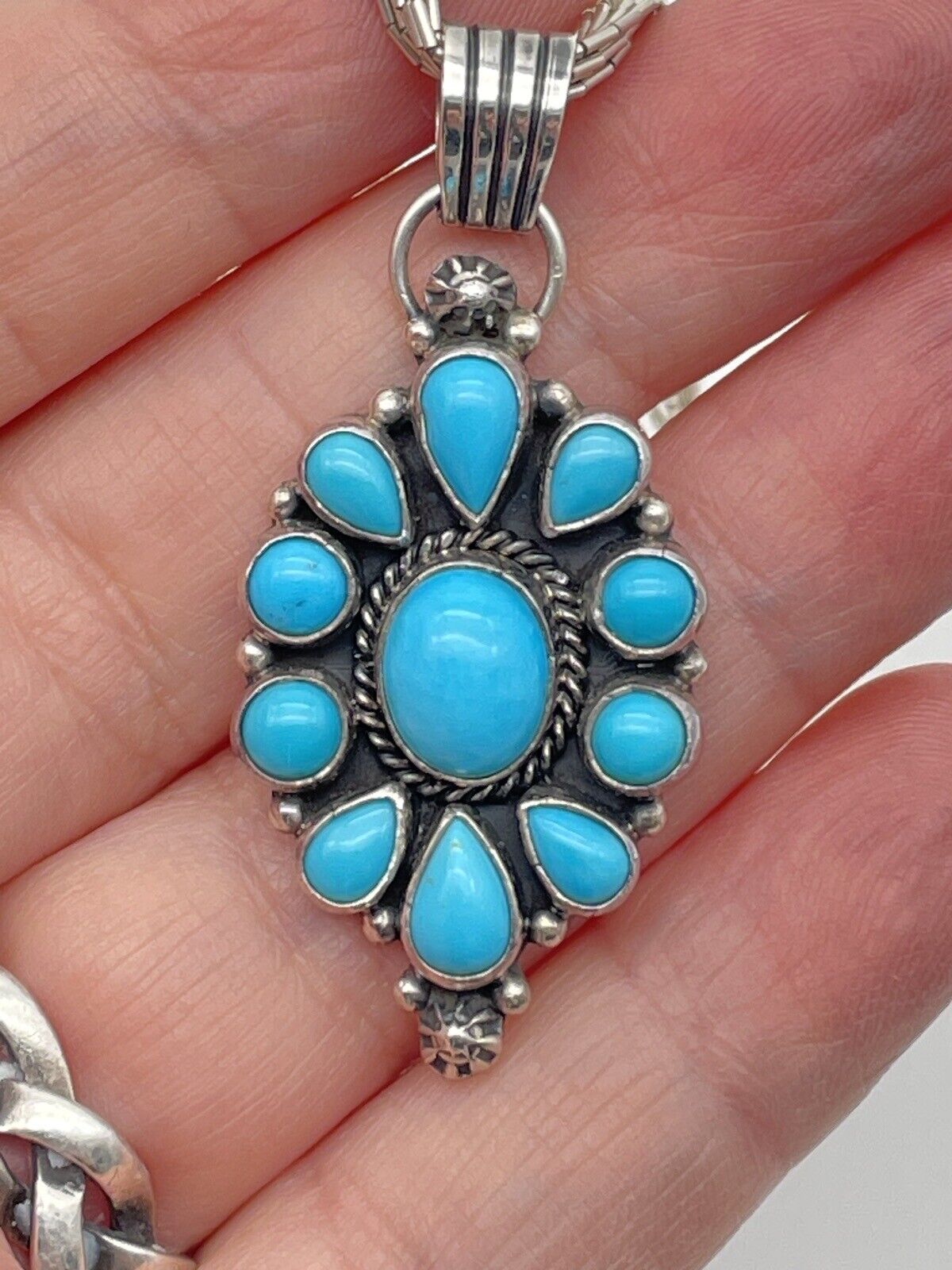 Signed LAROSE GANADONEGRO Turquoise Pendant Sterling With Waterfall Bead Chain