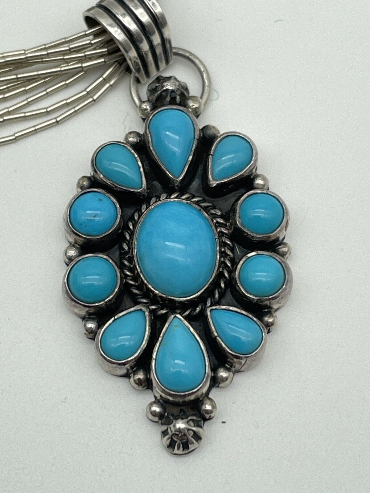 Signed LAROSE GANADONEGRO Turquoise Pendant Sterling With Waterfall Bead Chain