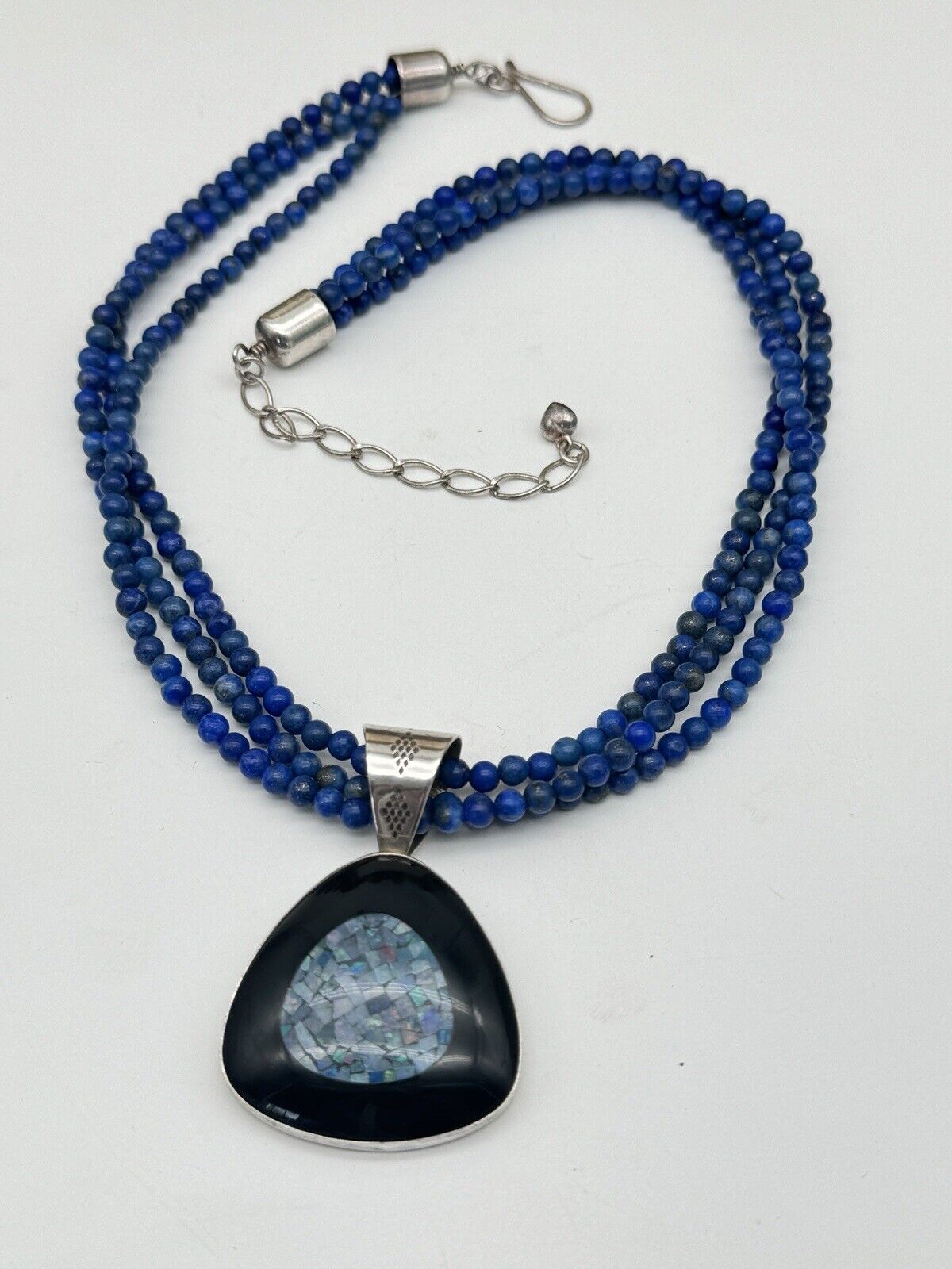 Vintage DTR Jay KING Lapis Onyx & Opal Mosaic 925 Sterling  Necklace & Pendant