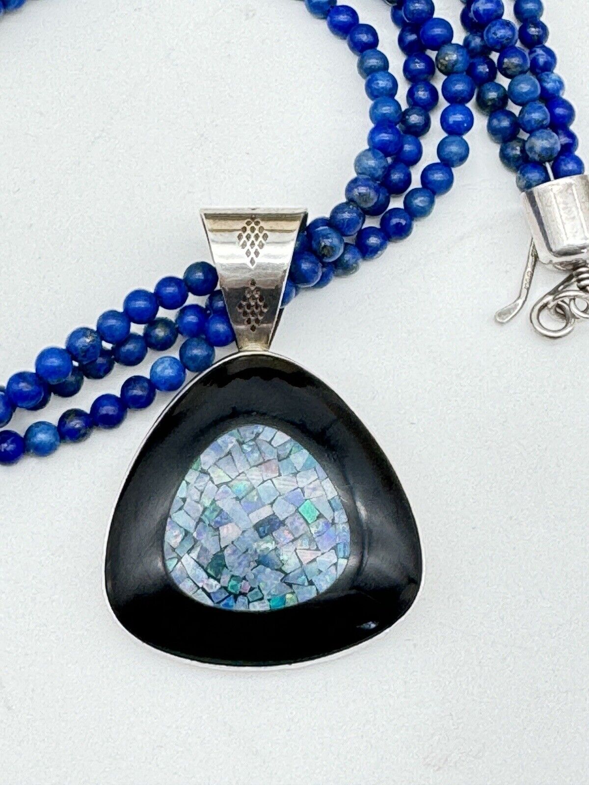 Vintage DTR Jay KING Lapis Onyx & Opal Mosaic 925 Sterling  Necklace & Pendant