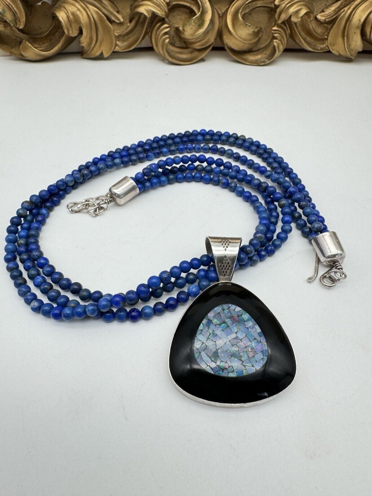 Vintage DTR Jay KING Lapis Onyx & Opal Mosaic 925 Sterling  Necklace & Pendant