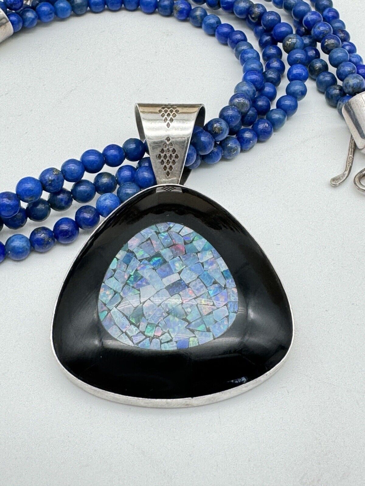 Vintage DTR Jay KING Lapis Onyx & Opal Mosaic 925 Sterling  Necklace & Pendant